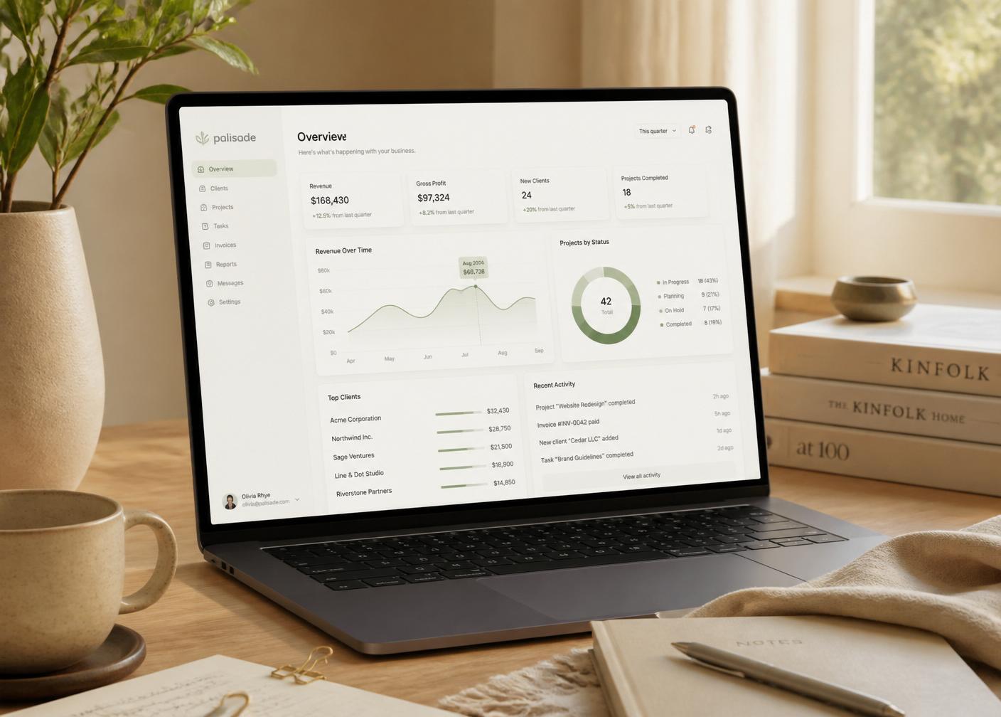 AI dashboard on a warm oak desk