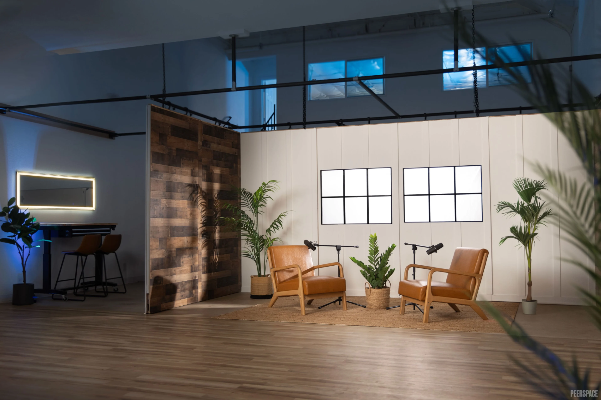 Lounge set with leather chairs and microphones